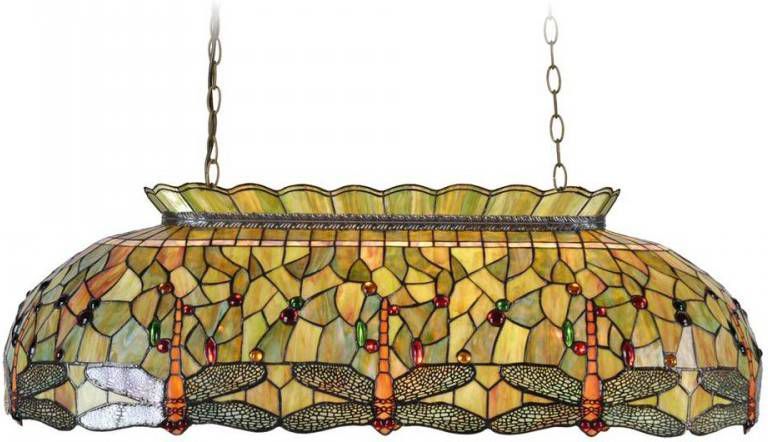 Clayre & Eef Tiffany Pooltafel/Leestafel Lamp Uit De Dragonfly Green Serie Oranje, Groen, Rood, Ivory Glas, Metaal