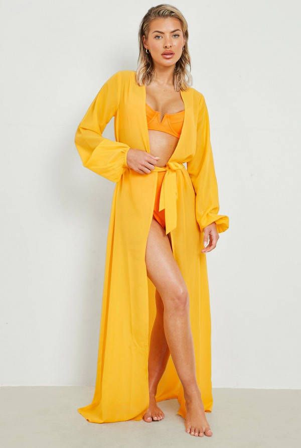 boohoo Chiffon Maxi Strand Kimono Met Ceintuur, Orange