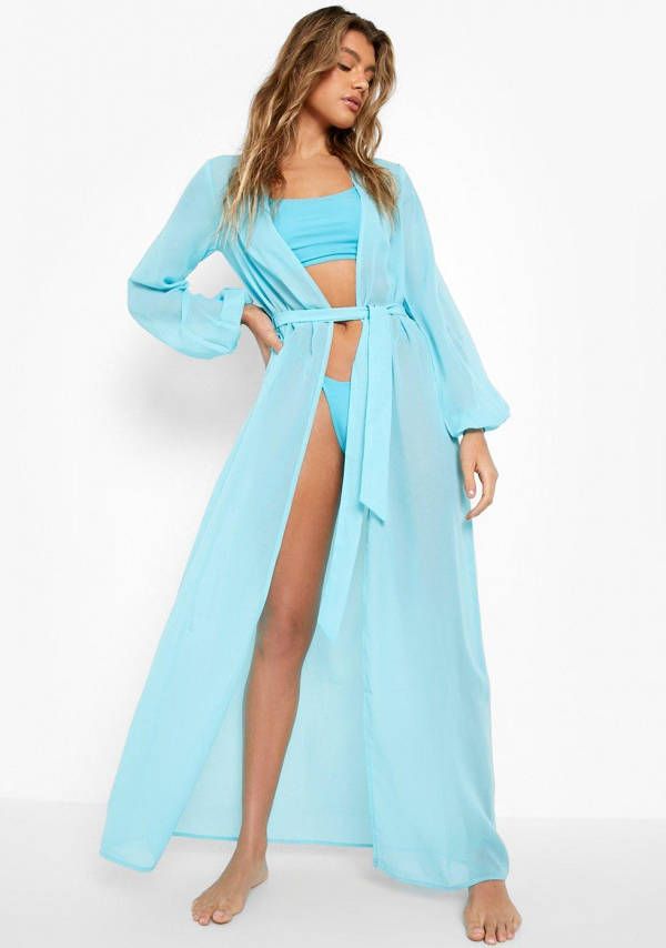 boohoo Chiffon Maxi Strand Kimono Met Ceintuur, Turquoise