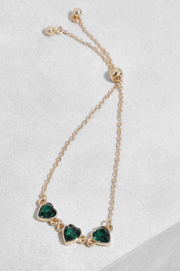 boohoo Driedubbele Hartjes Armband Met Groene Steentjes, Green