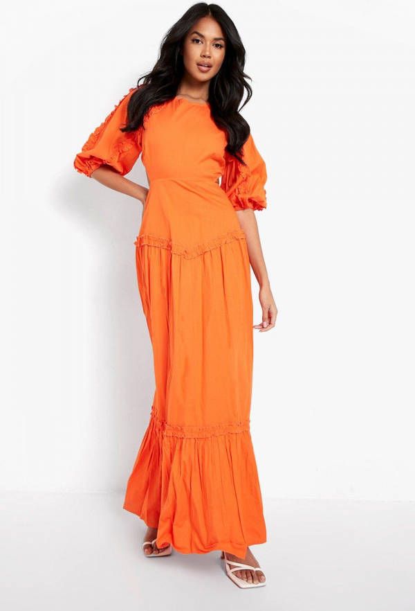 boohoo Katoenen Maxi Jurk Met Laagjes Met Pofmouwen, Orange