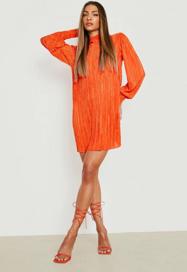 boohoo Plisse Swing Jurk Met Hoge Hals, Orange