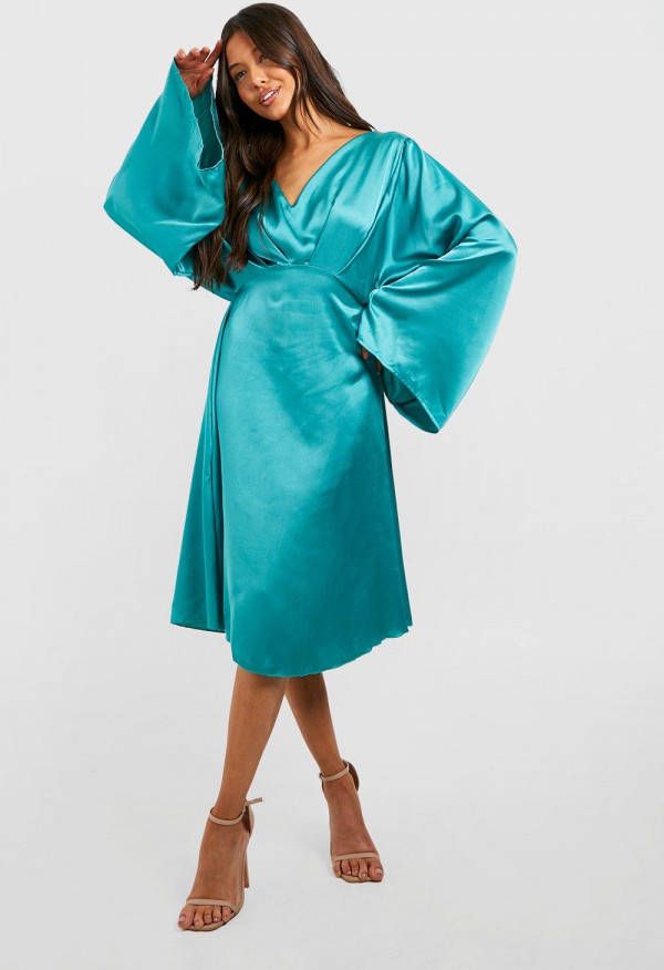 boohoo Satijnen Midi Skater Jurk Met Kimono Mouwen, Teal