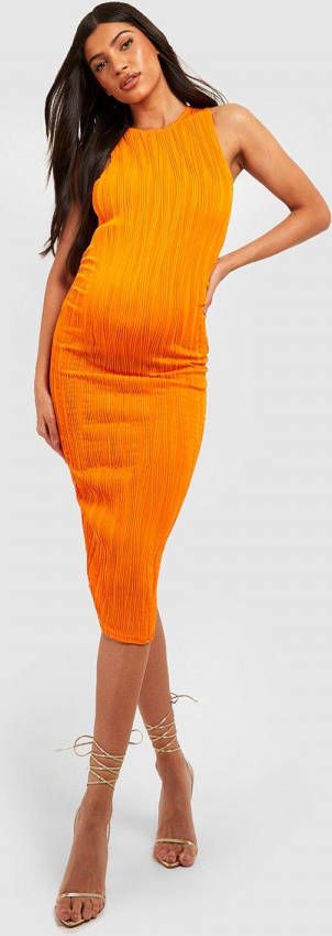 boohoo Zwangerschap Golvende Geribbelde Midi Jurk Met Racer Hals, Orange