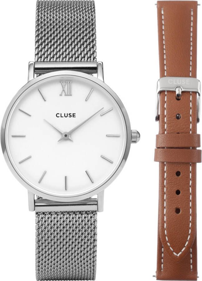 cluse Horloges Giftbox Minuit Mesh Silver Colour and brown bracelet Zilverkleurig