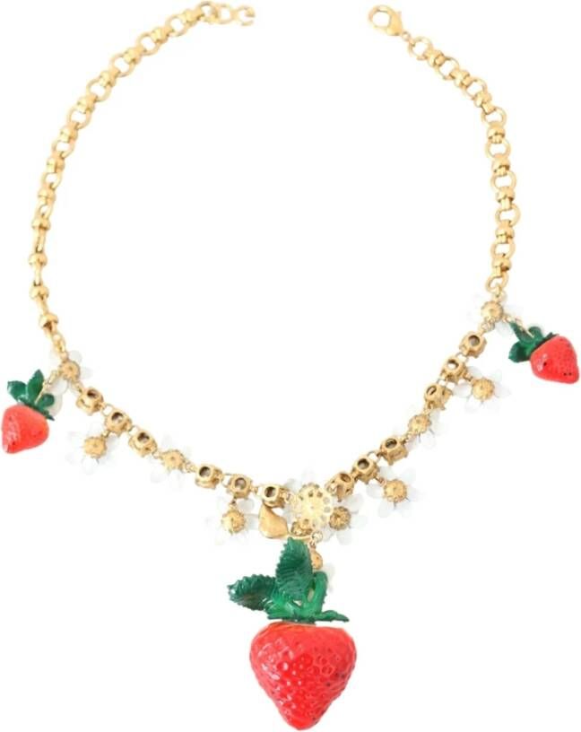 Dolce & Gabbana Resin Strawberry Crystal Floral Charm Statement Necklace , Rood, Dames