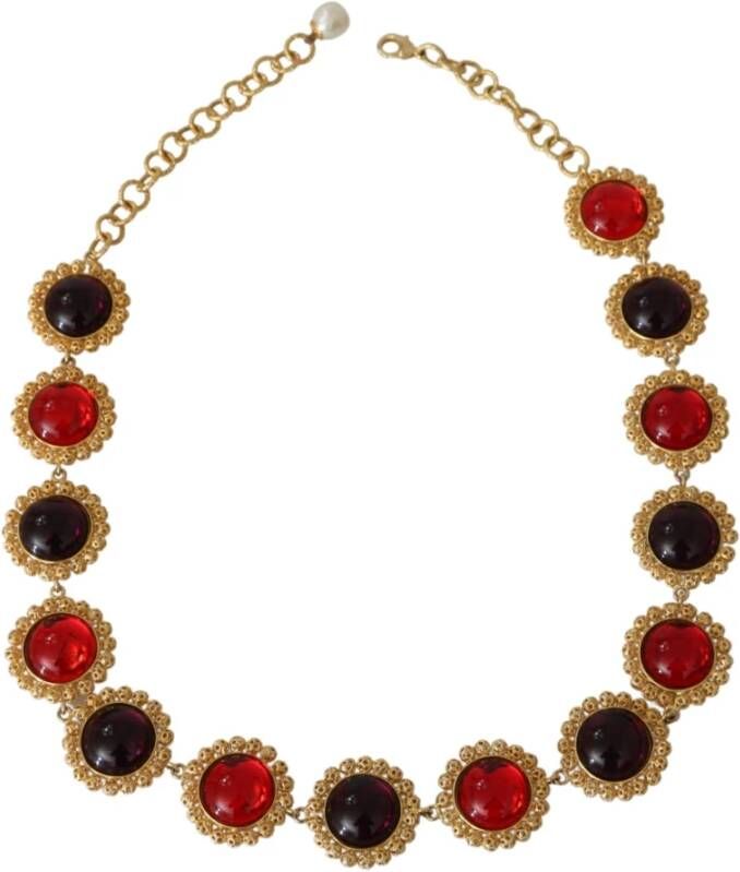 Dolce & Gabbana Crystal Floral Chain Statement Brass Necklace , Rood, Dames