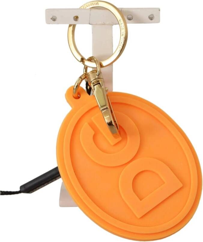 Dolce & Gabbana Orange Rubber DG Logo Gold Brass Metal Keychain , Oranje, Dames